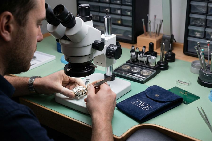 watchmaker repairing rolex twe bench