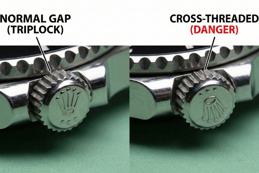 rolex triplock vs twinlock crown comparison macro