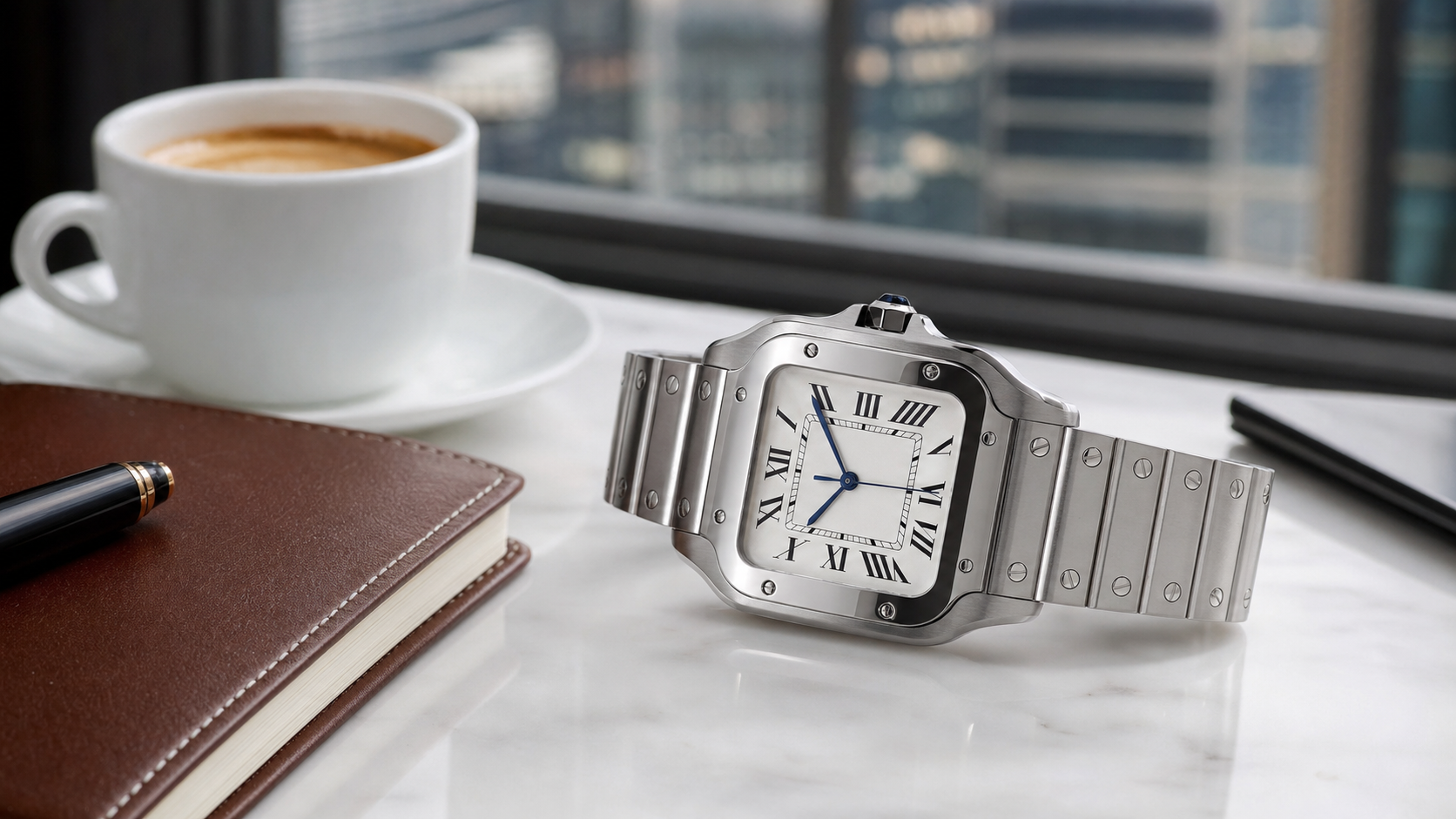 Santos style square steel luxury watch on an office desk with coffee and leather notebook