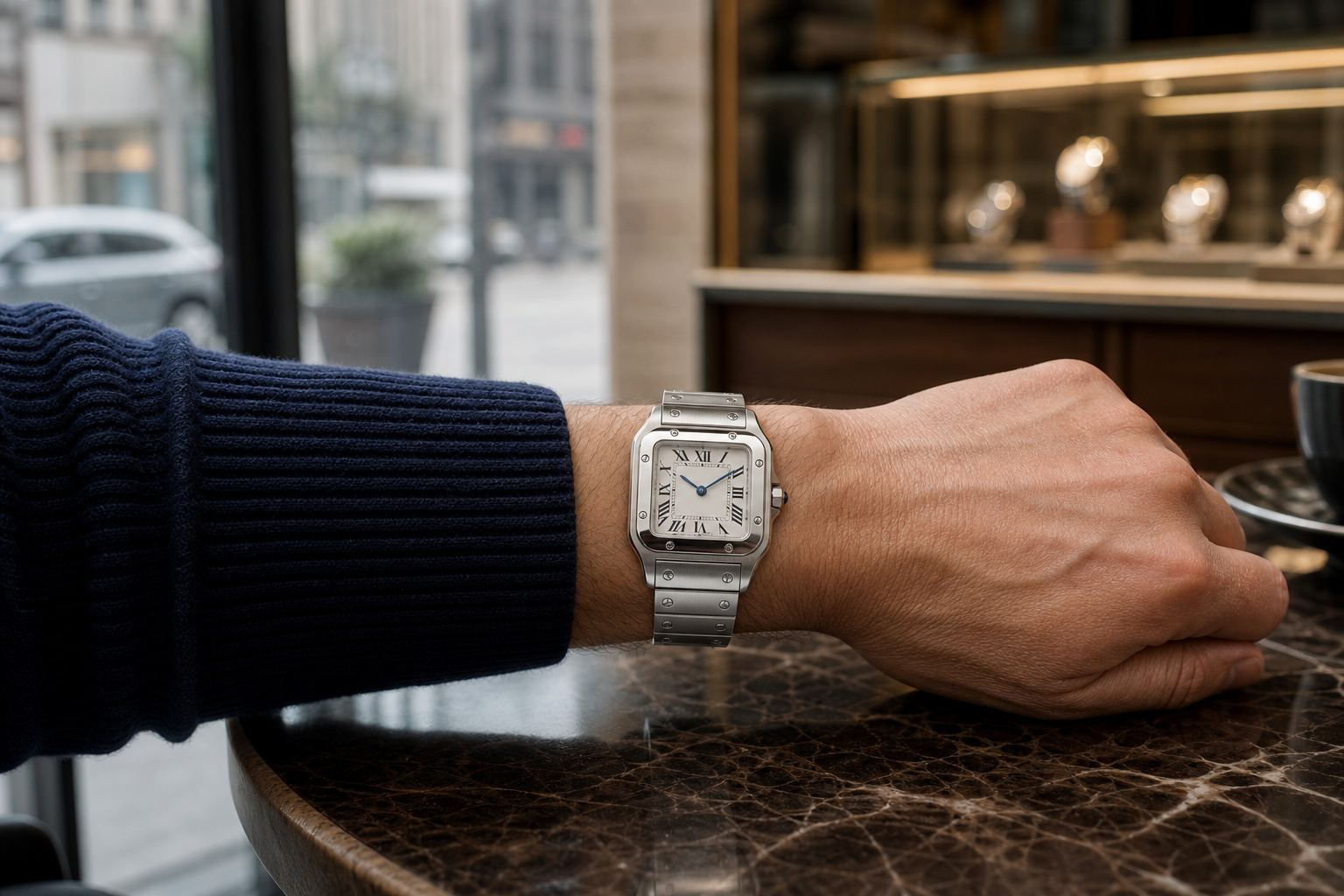 Santos style square steel luxury watch worn on wrist in a Toronto showroom