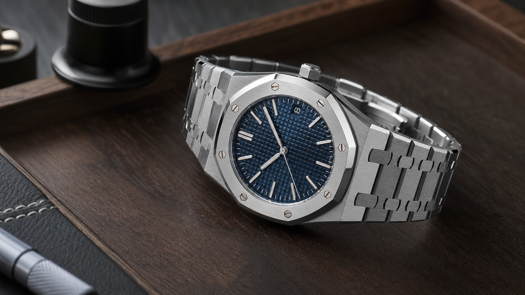 Royal Oak style steel luxury sports watch on a walnut tray