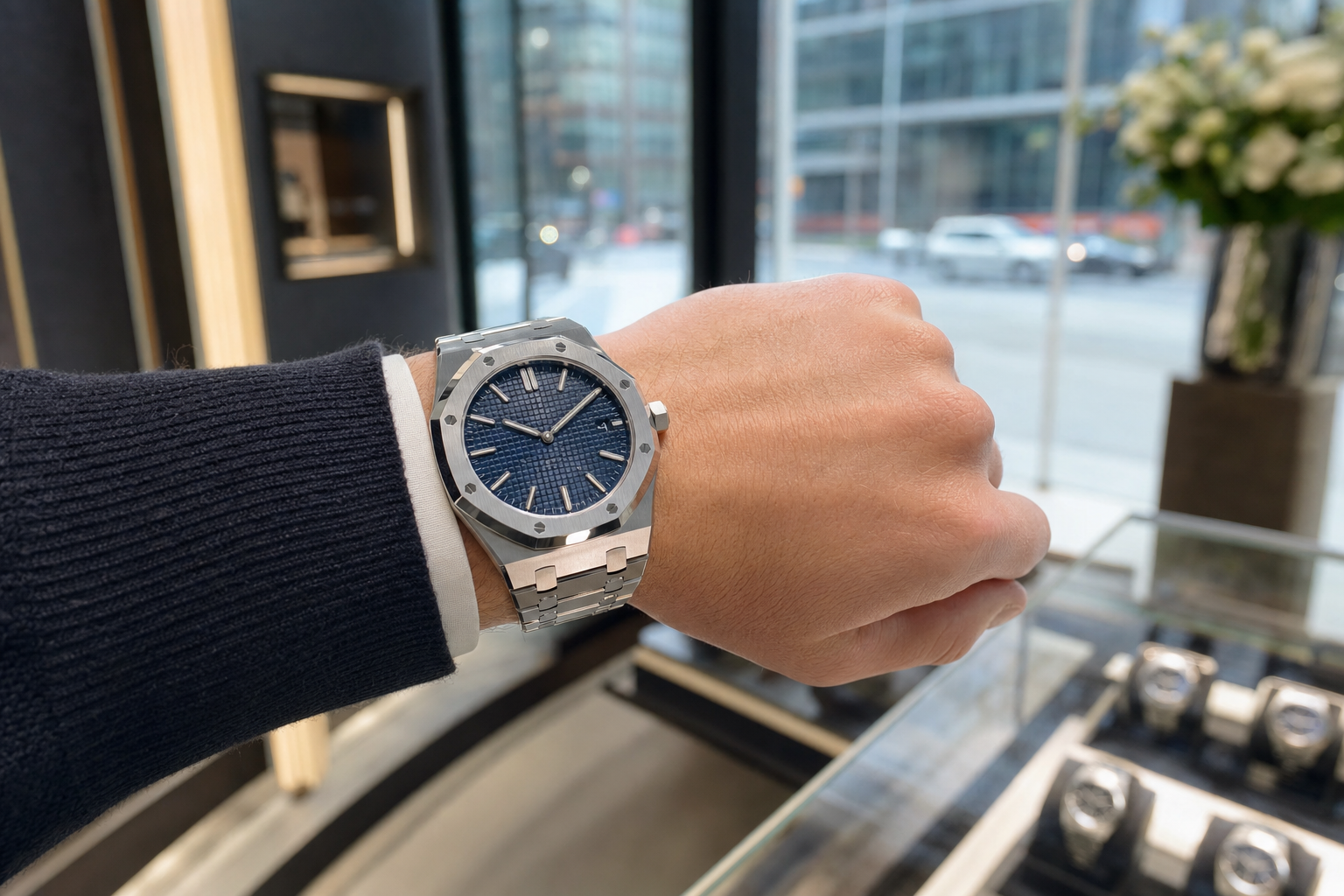 Royal Oak style steel sports watch worn in a Toronto luxury watch showroom